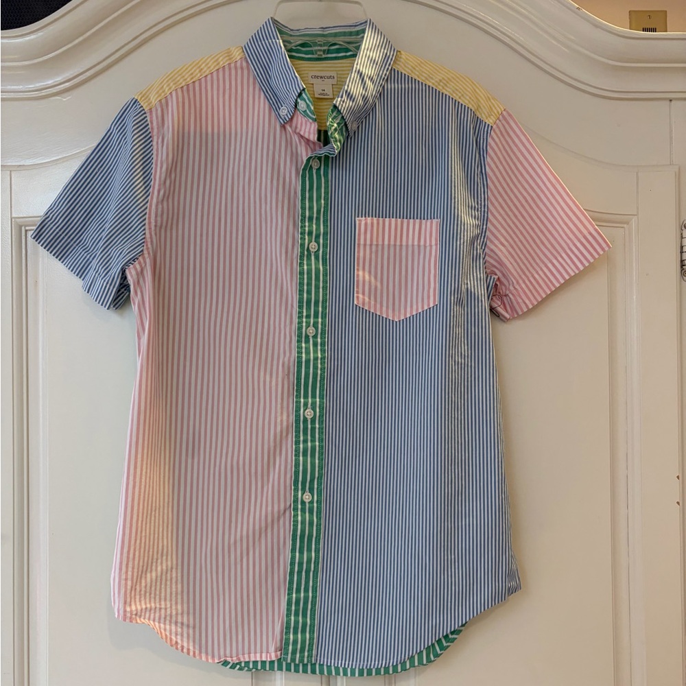 Crewcuts J Crew Striped Short-Sleeve Button-Down Shirt Pink Blue Green Yellow